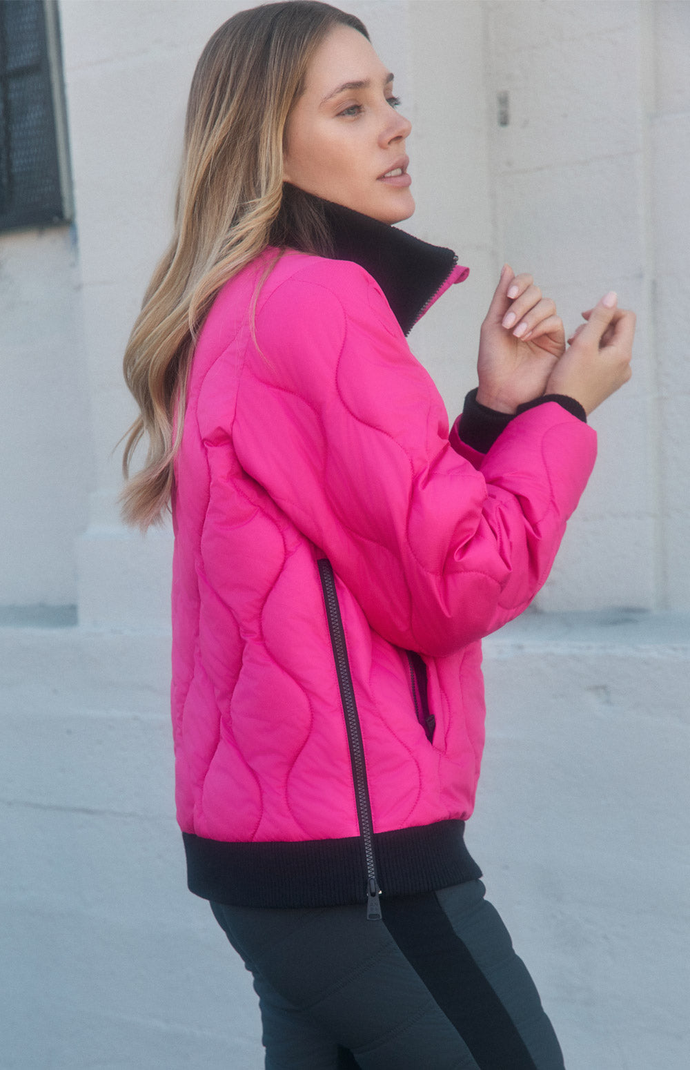 Alp N Rock Nelly Jacket, bright pink half zip pullover jacket for women with black stretch knit collar