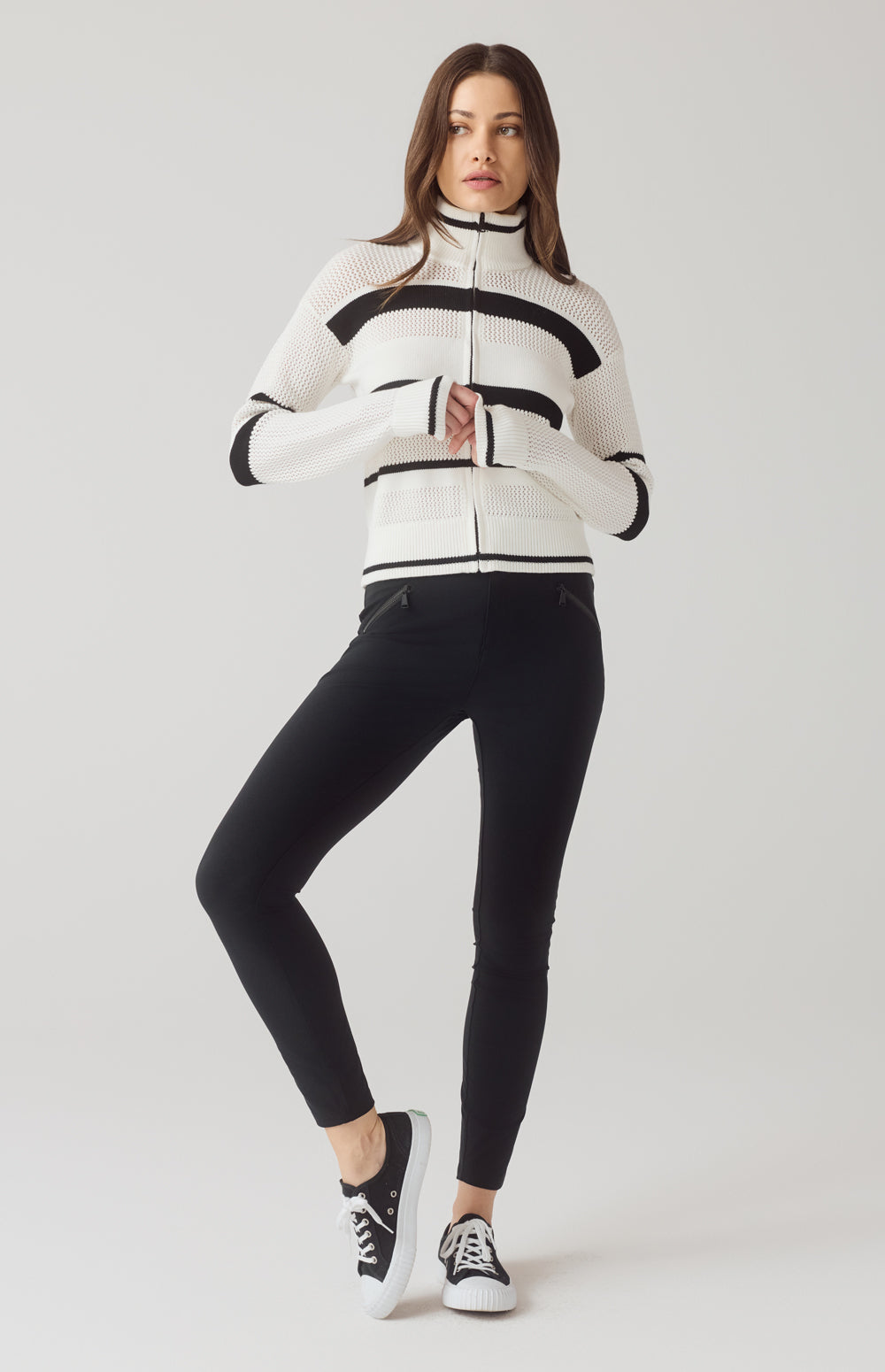 Alp N Rock Sabrina Jacket, white and black pointelle stripe zip front jacket for women