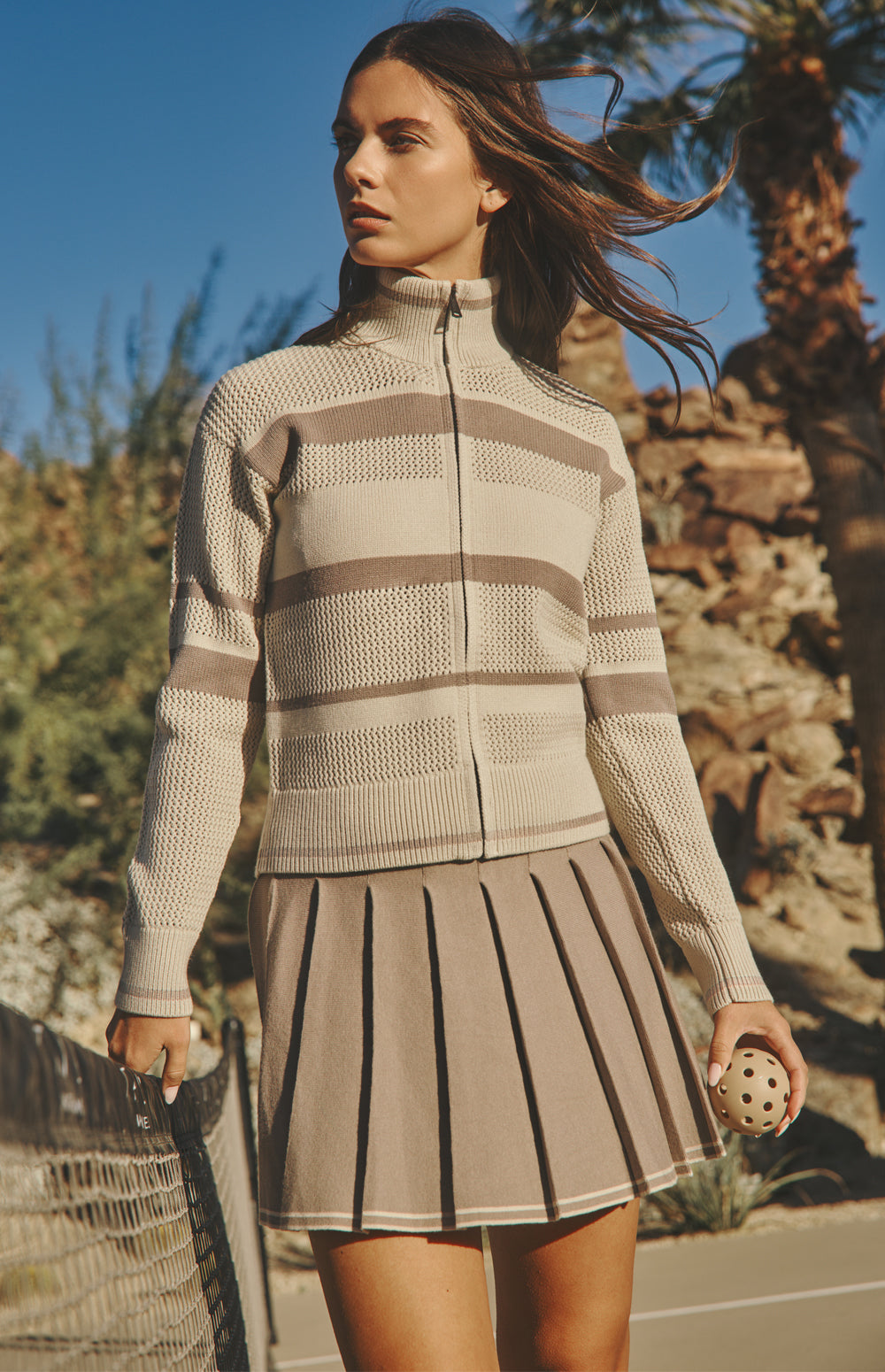 Alp N Rock Sabrina Jacket, beige pointelle stripe zip front jacket for women