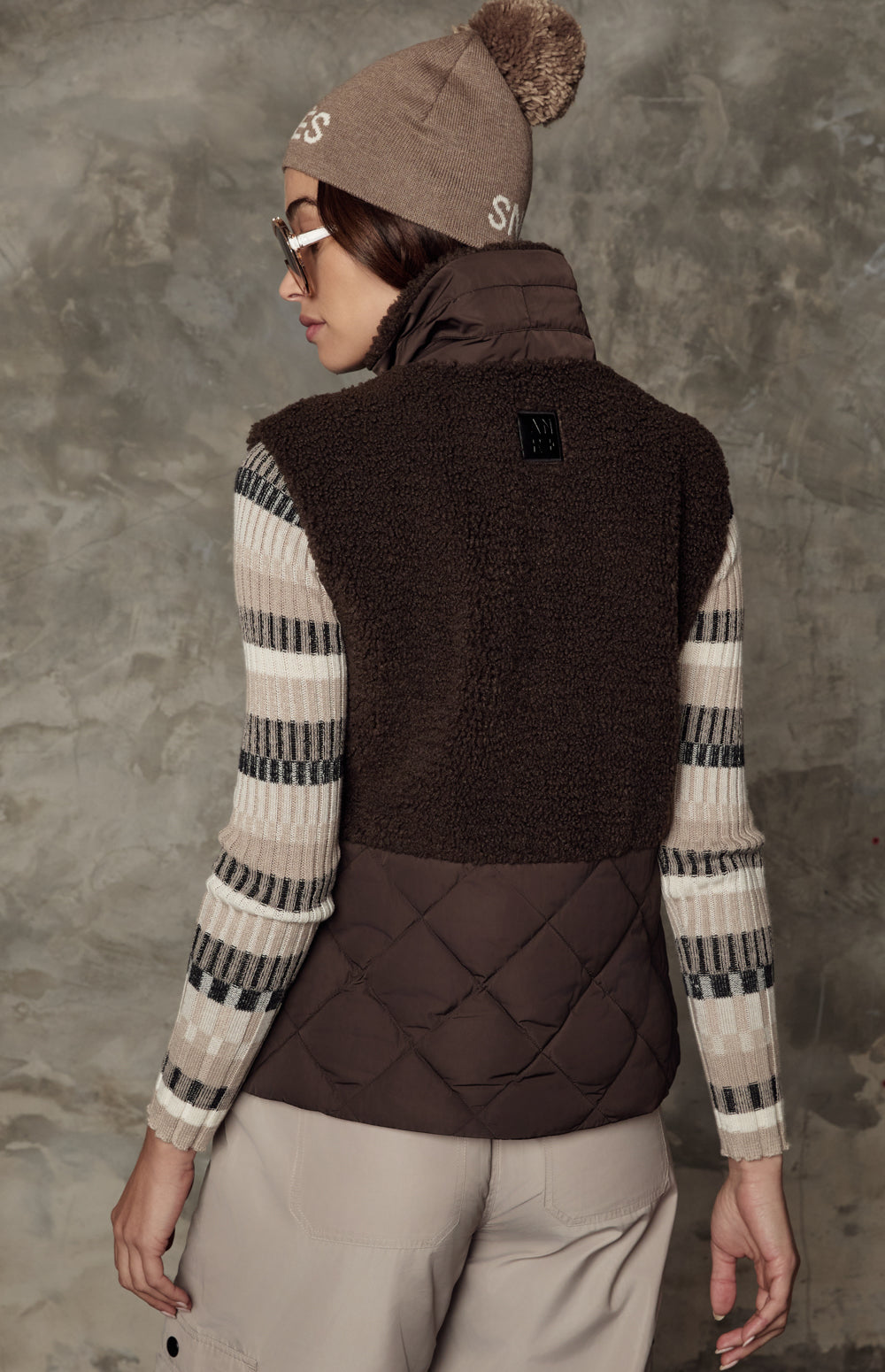 Alp N Rock Sage Vest, dark brown hooded zip vest for women with shearling top and quilted bottom