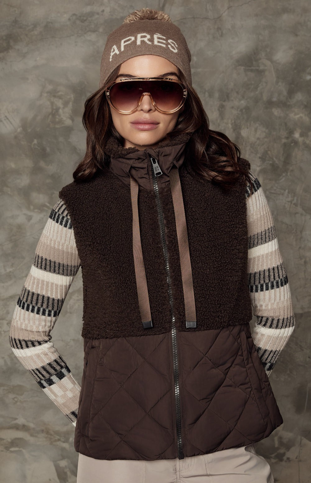 Alp N Rock Sage Vest, dark brown hooded zip vest for women with shearling top and quilted bottom