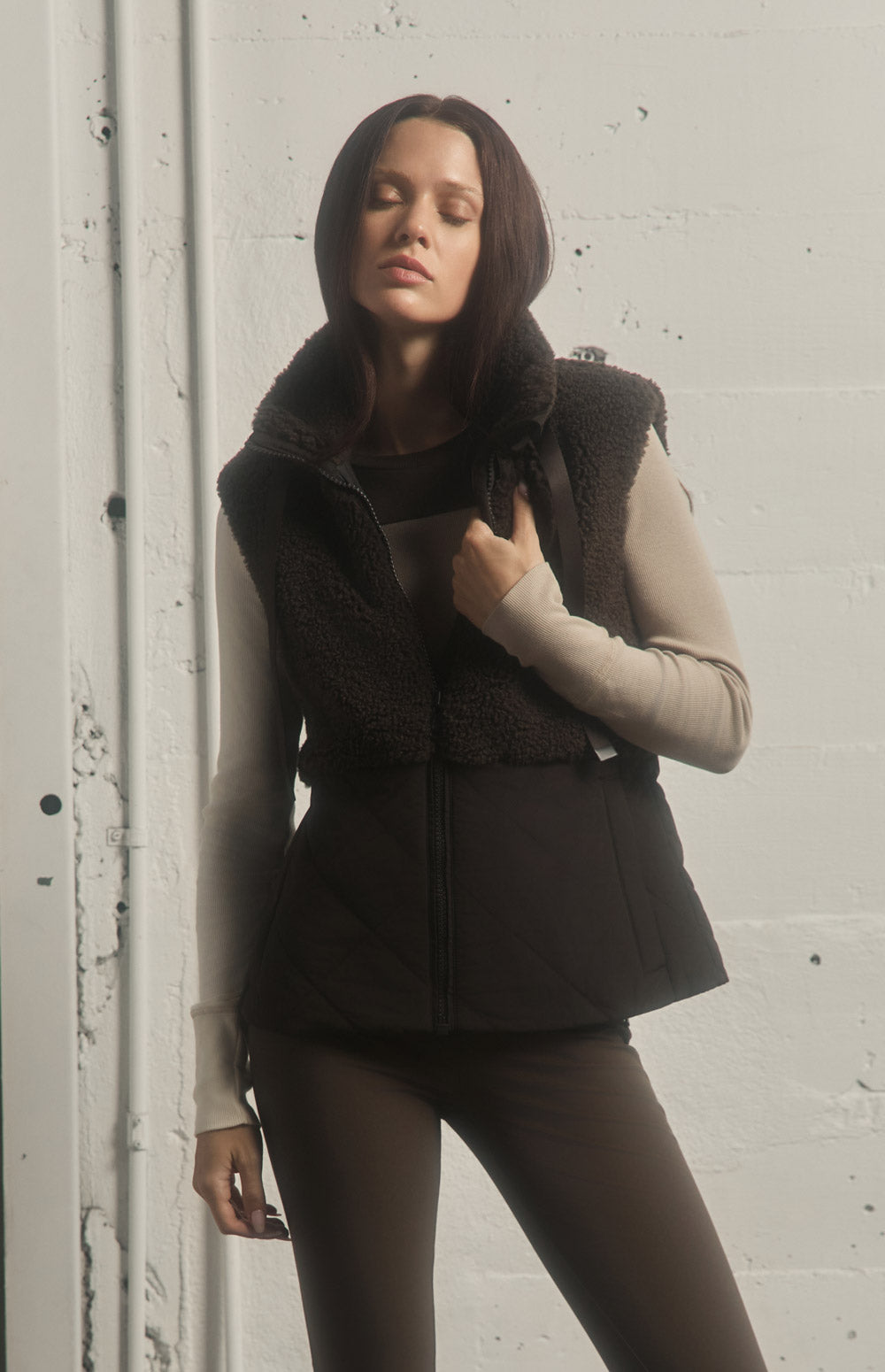 Alp N Rock Sage Vest, dark brown hooded zip vest for women with shearling top and quilted bottom