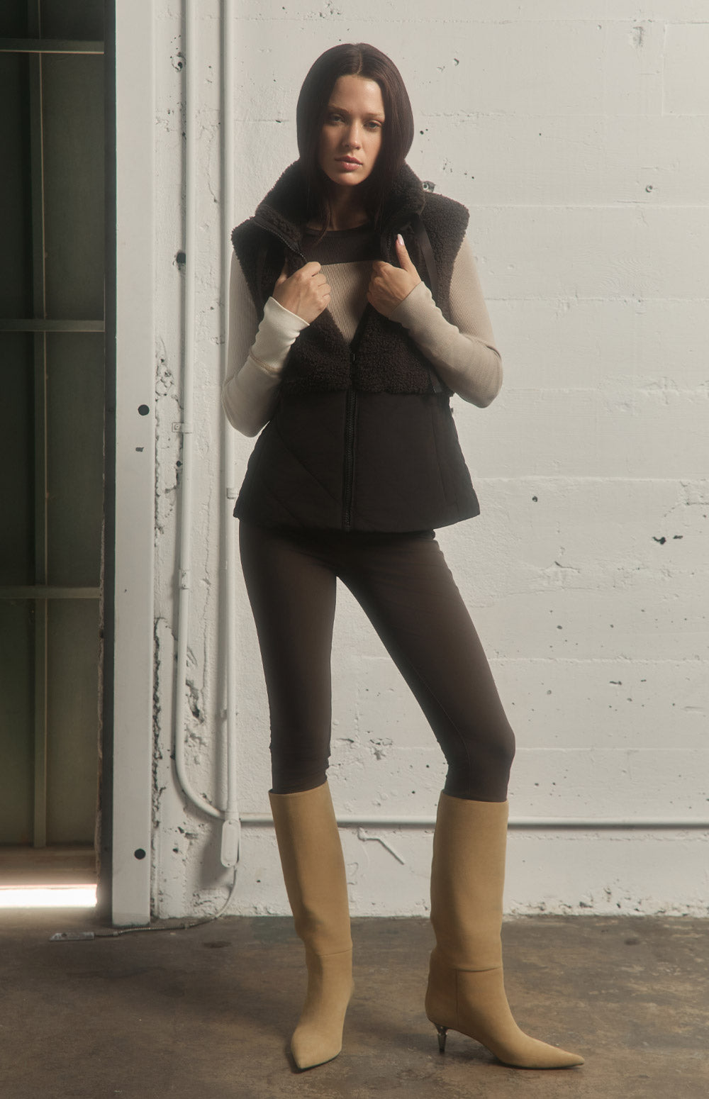 Alp N Rock Sage Vest, dark brown hooded zip vest for women with shearling top and quilted bottom