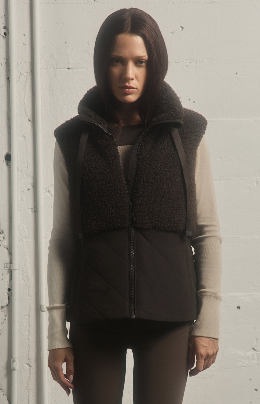 Alp N Rock Sage Vest, dark brown hooded zip vest for women with shearling top and quilted bottom