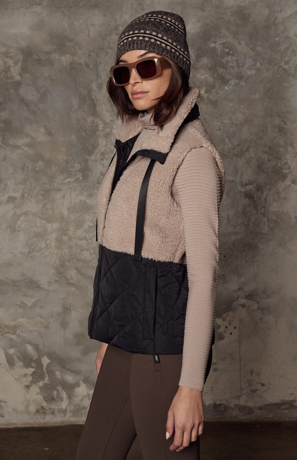 Alp N Rock Sage Vest, beige hooded zip vest for women with shearling top and quilted bottom