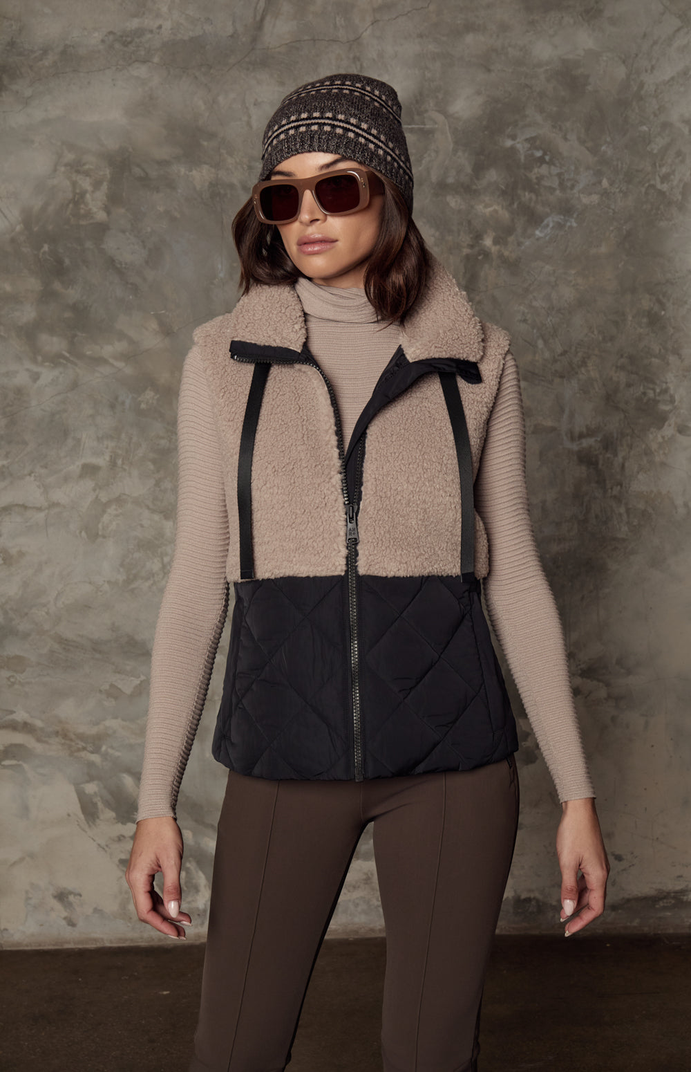 Alp N Rock Sage Vest, beige hooded zip vest for women with shearling top and quilted bottom