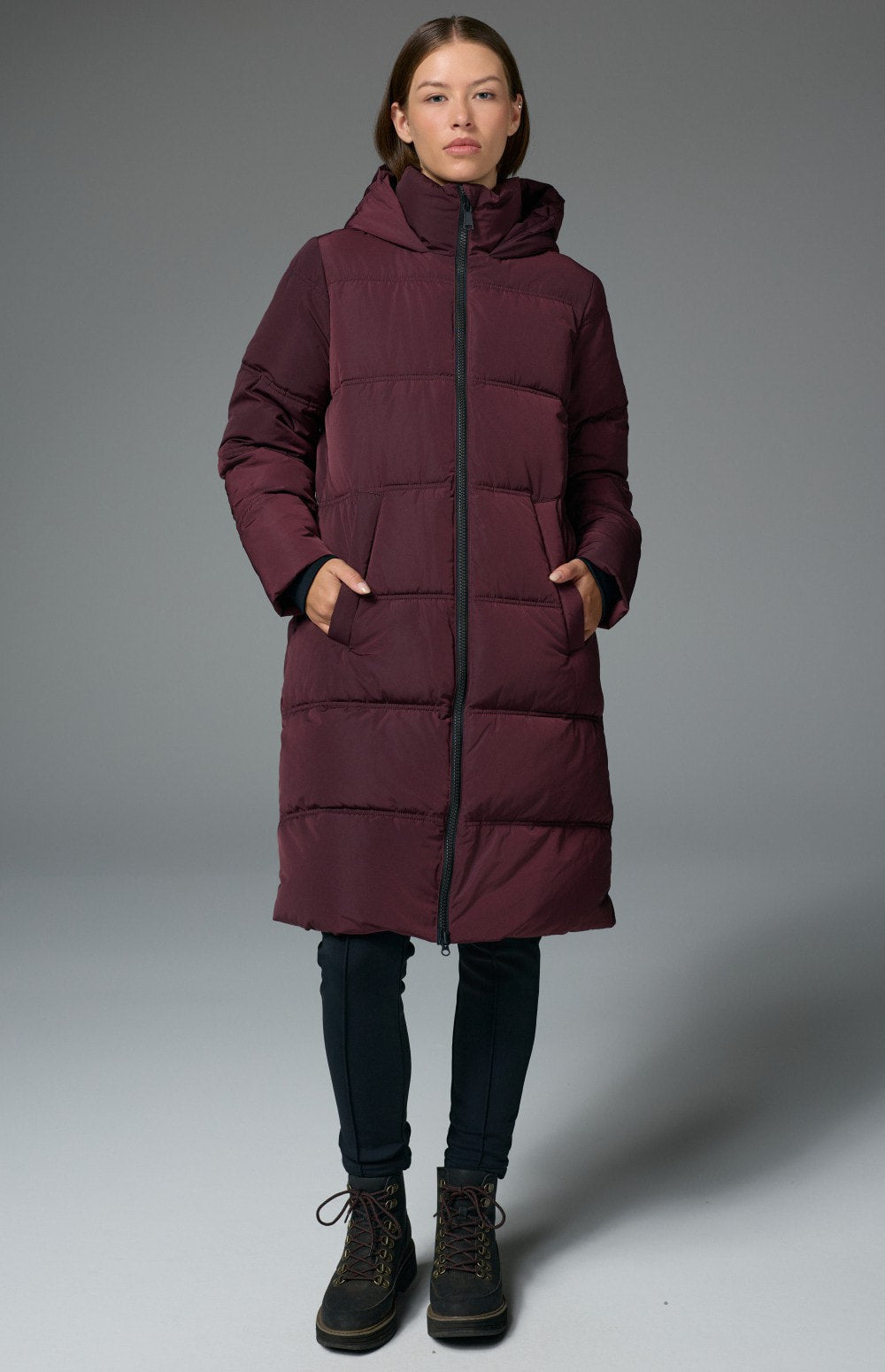 Alp N Rock Salzburg Hooded Long Jacket, dark red long hooded winter coat with quilting for women