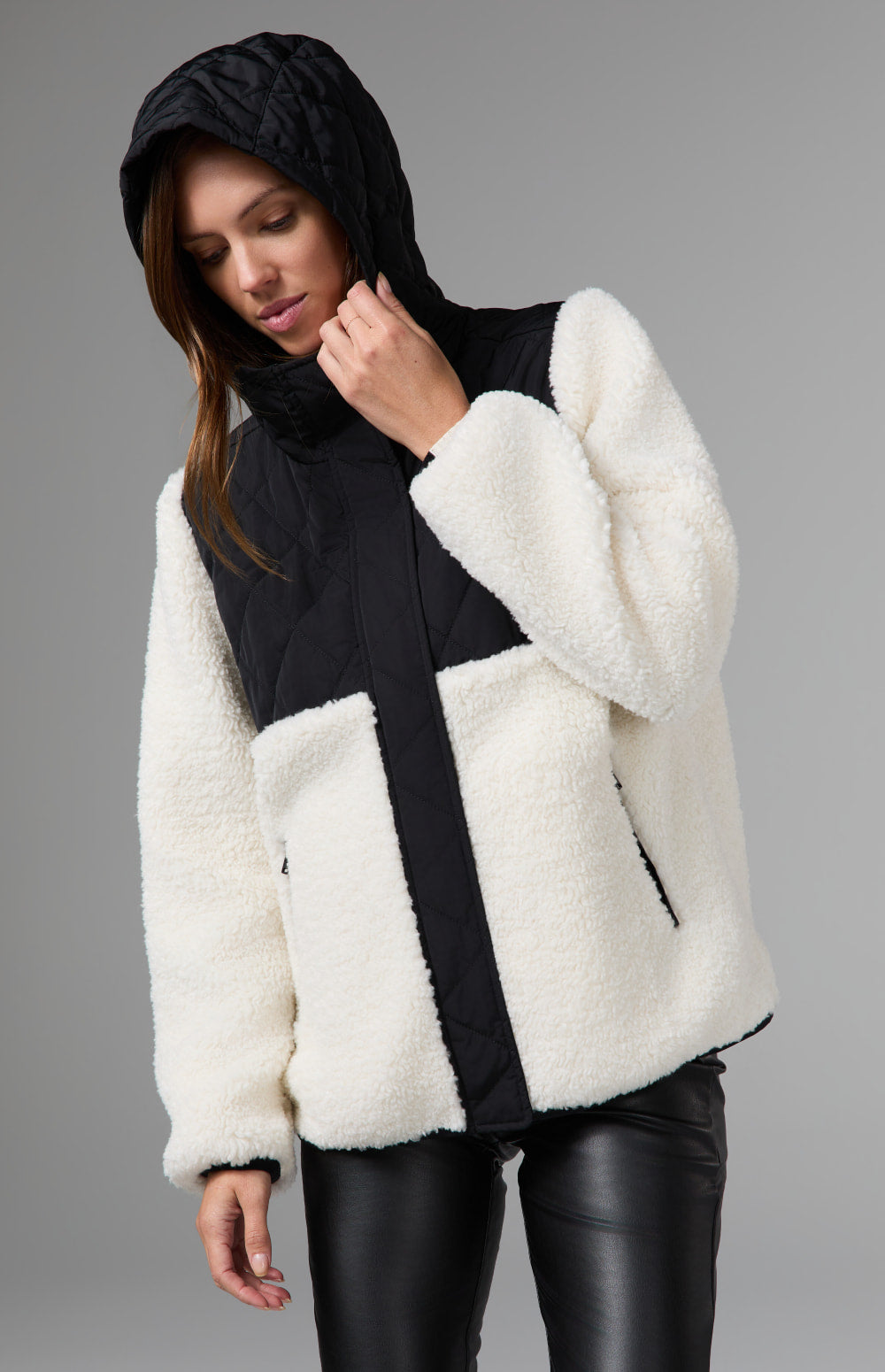 Alp N Rock Tahoe Hooded Shearling Jacket, black and white shearling jacket with a quilted hood for women