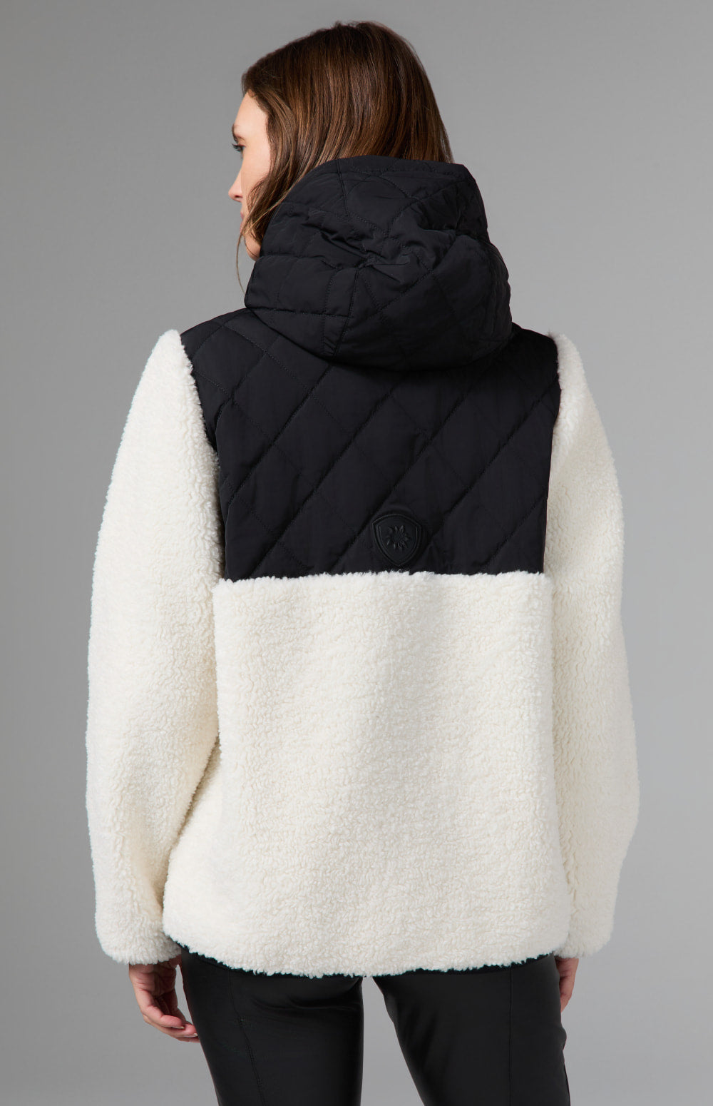 Alp N Rock Tahoe Hooded Shearling Jacket, black and white shearling jacket with a quilted hood for women