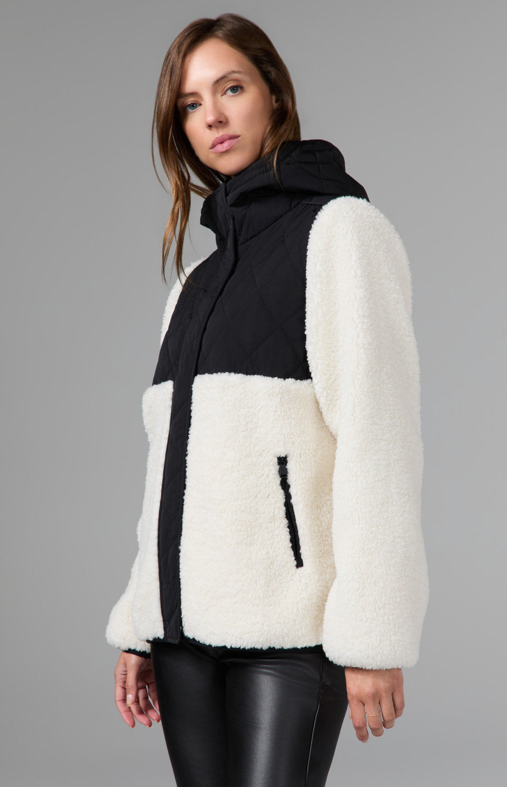 Alp N Rock Tahoe Hooded Shearling Jacket, black and white shearling jacket with a quilted hood for women