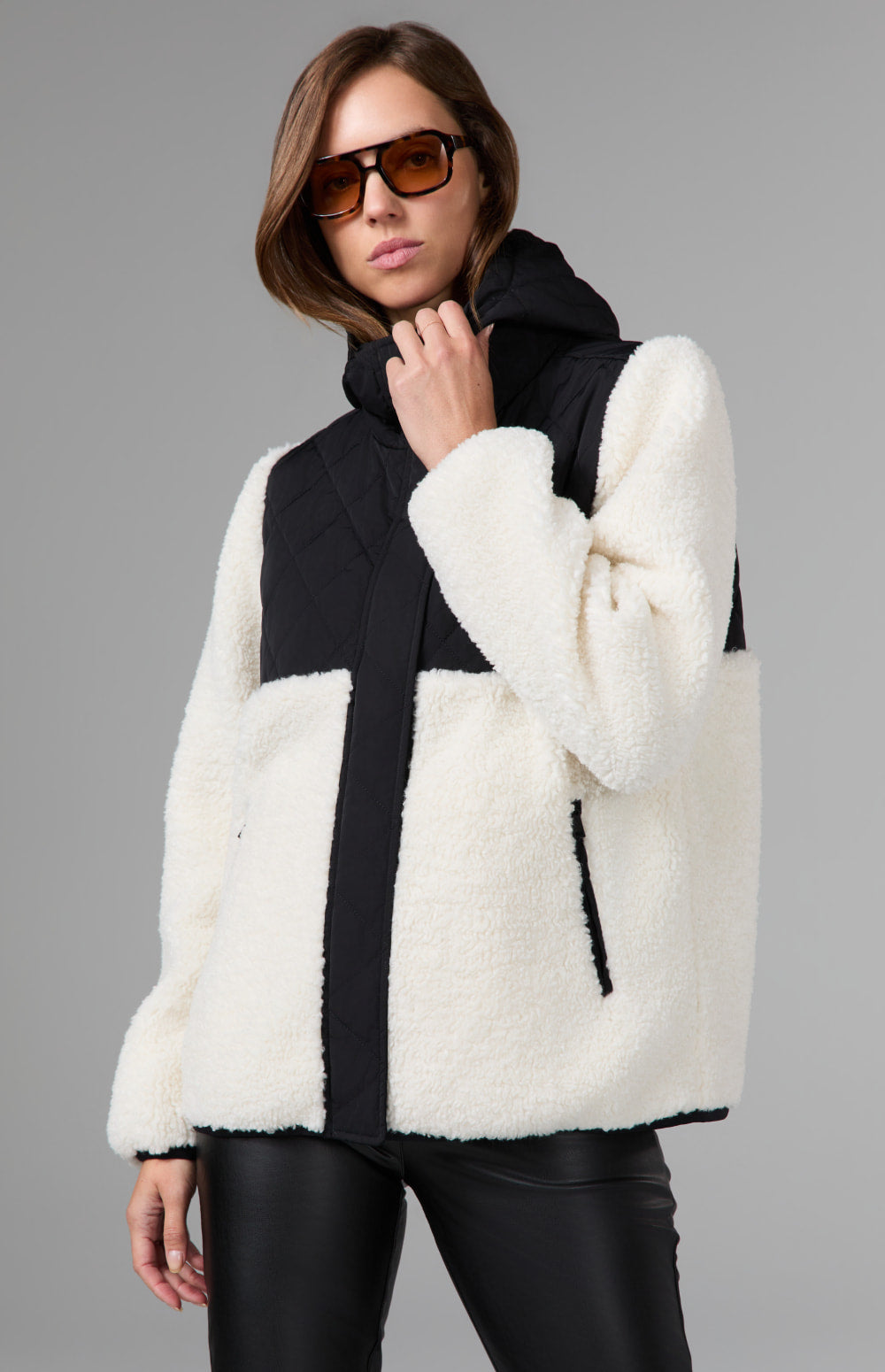 Alp N Rock Tahoe Hooded Shearling Jacket, black and white shearling jacket with a quilted hood for women
