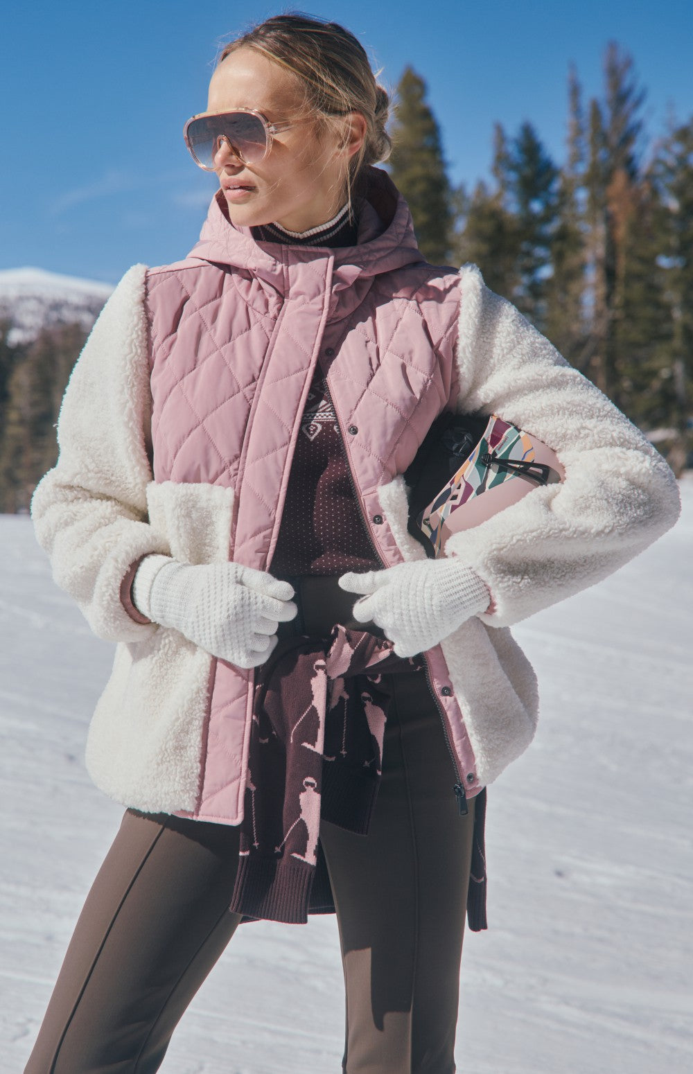 Alp N Rock Tahoe Jacket, women's light pink and white hooded shearling and quilted jacket