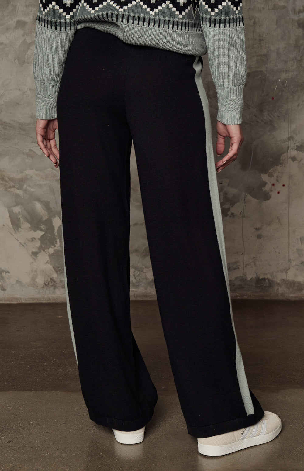 Alp N Rock August Pant, black wide leg knit lounge pant for women with blue stripe on the leg