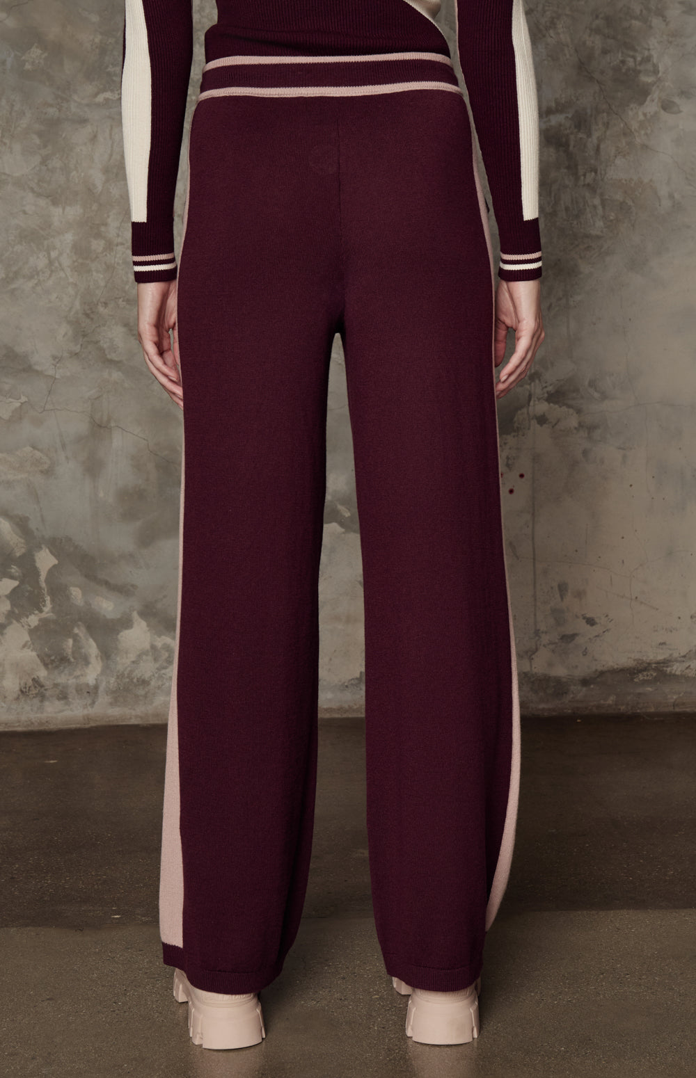 Alp N Rock August Pant, dark cherry wide leg knit lounge pant for women with pink stripe on the leg