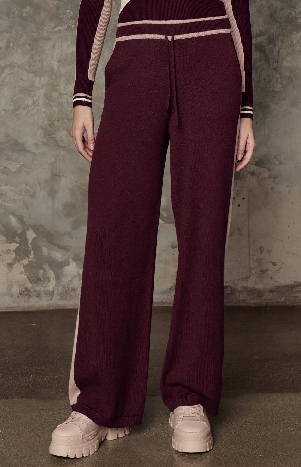 Alp N Rock August Pant, dark cherry wide leg knit lounge pant for women with pink stripe on the leg