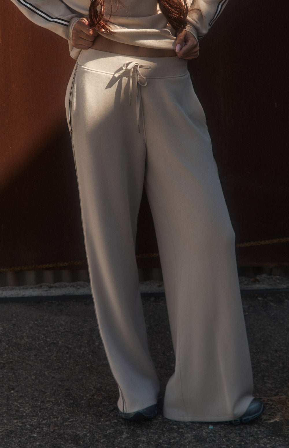 Alp N Rock Blake Pant, beige wide leg lounge pant for women with stripes down the leg