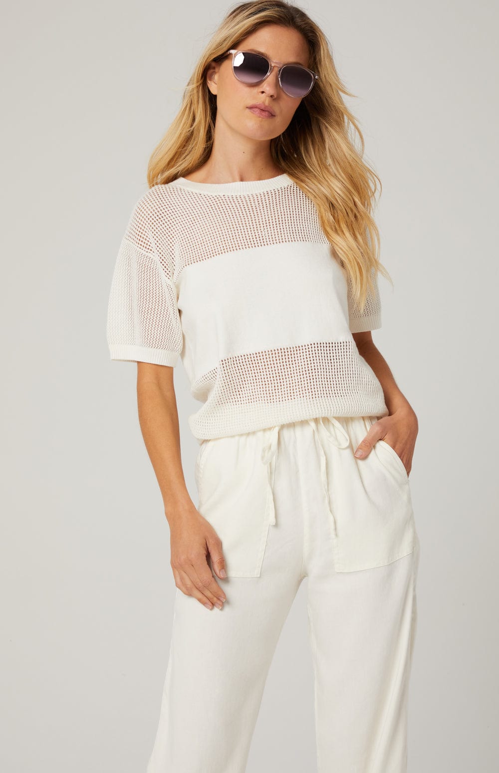 Callie Drawstring Pant by Alp N Rock, Women's White Drawstring Wide Leg Linen Pant with Front Pockets