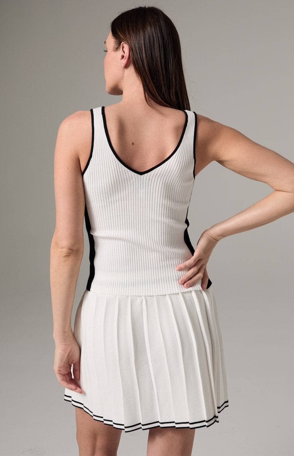 Alp N Rock Josie Mini Skirt, Women's White Knit Pleated Skirt with Beige Stripe at the Waist and Hem