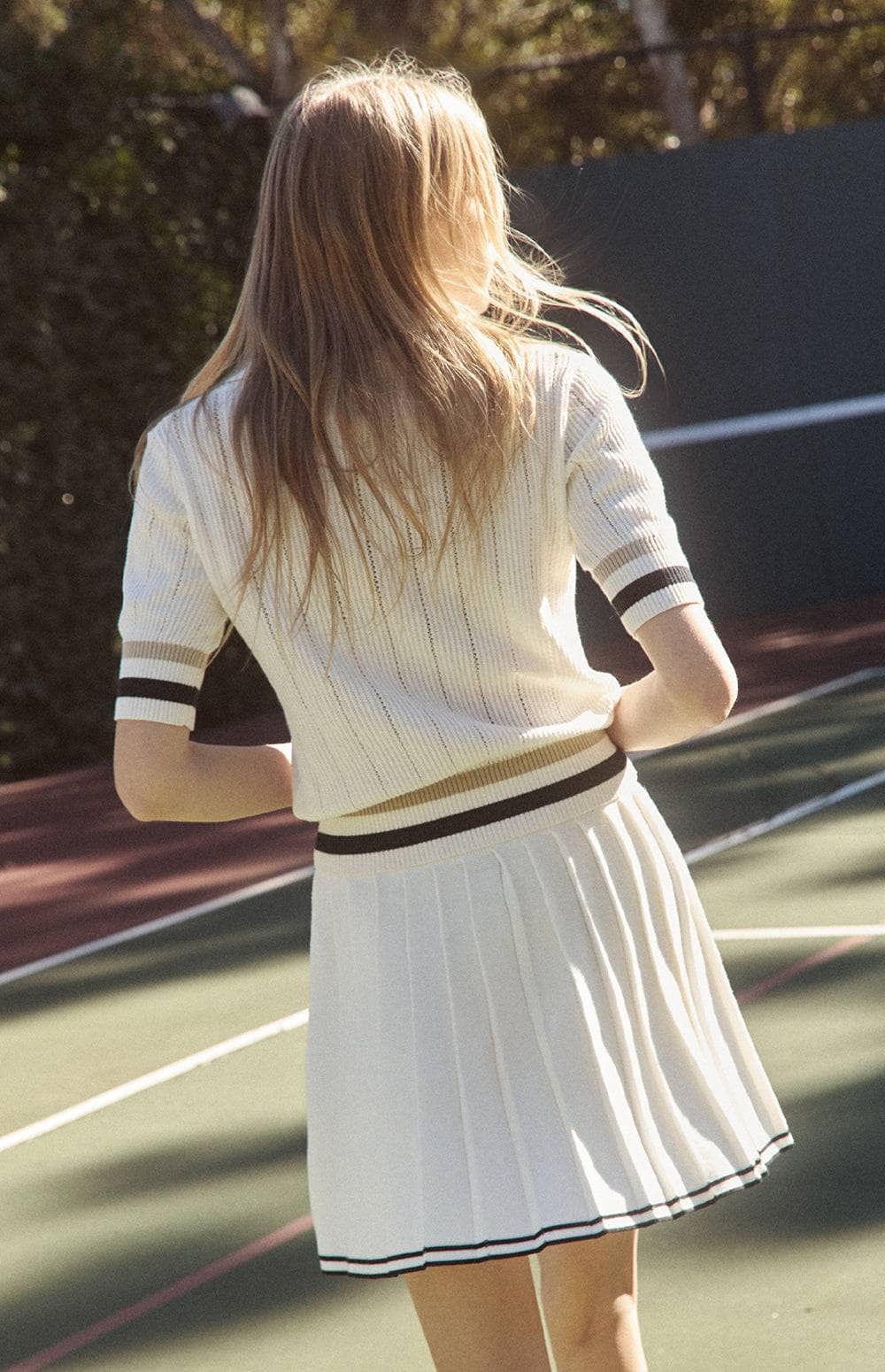 Alp N Rock Josie Mini Skirt, Women's White Knit Pleated Skirt with Beige Stripe at the Waist and Hem