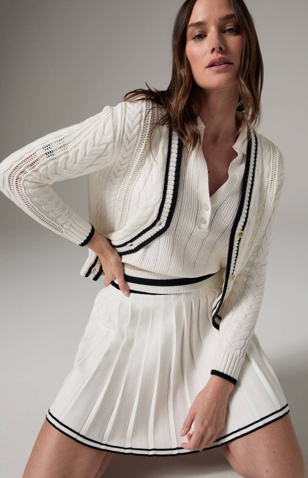 Alp N Rock Josie Mini Skirt, Women's White Knit Pleated Skirt with Beige Stripe at the Waist and Hem