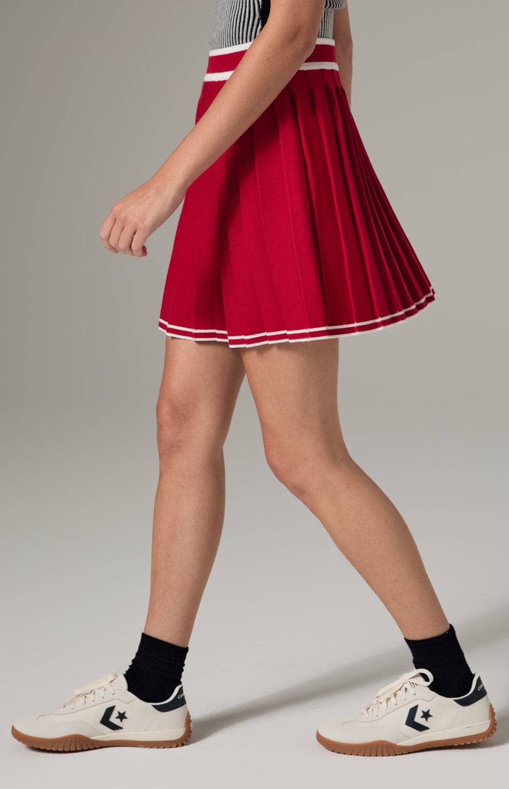 Alp N Rock Josie Mini Skirt, Women's Red Knit Pleated Skirt with White Stripe at the Waist and Hem
