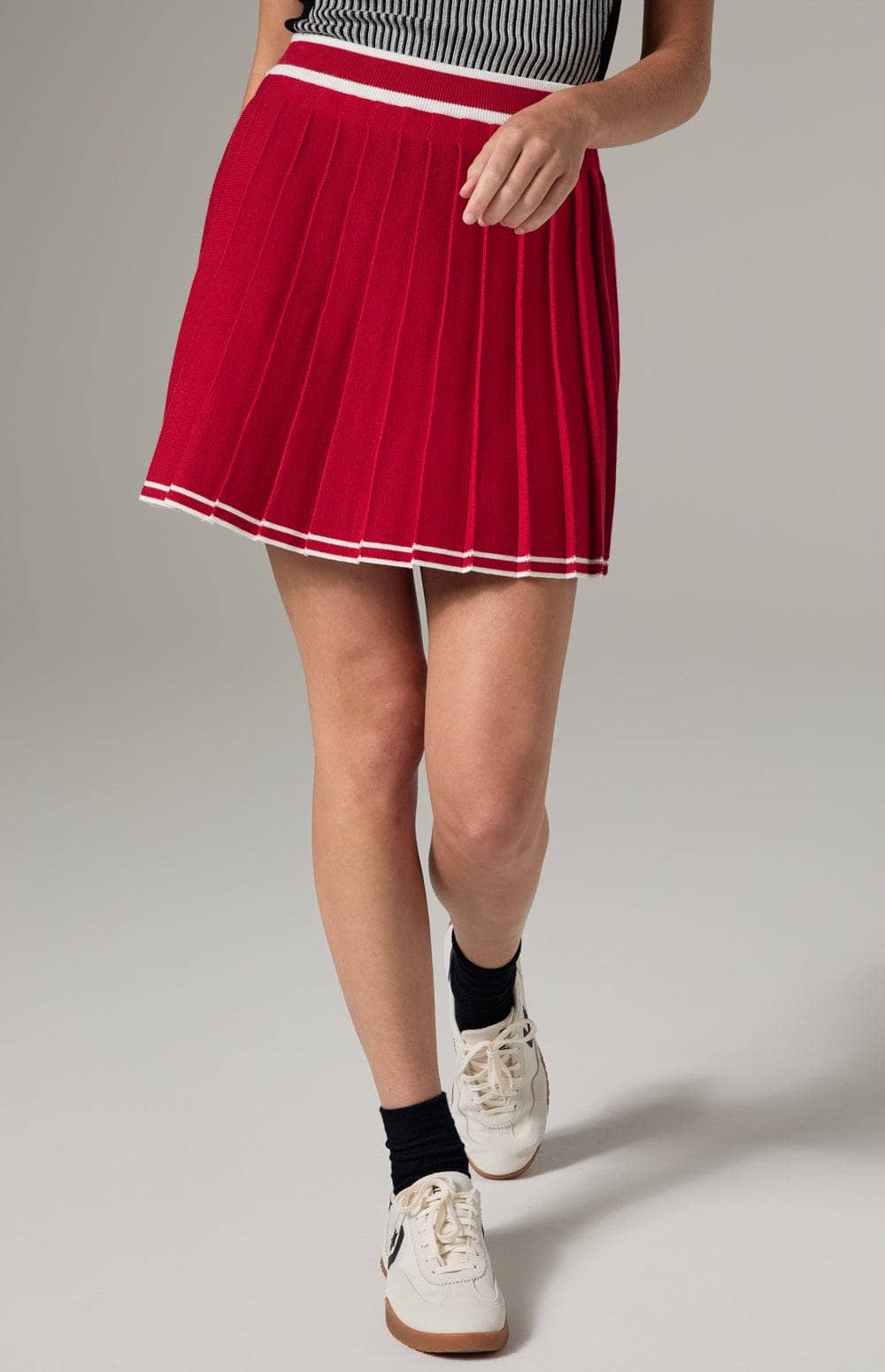 Alp N Rock Josie Mini Skirt, Women's Red Knit Pleated Skirt with White Stripe at the Waist and Hem