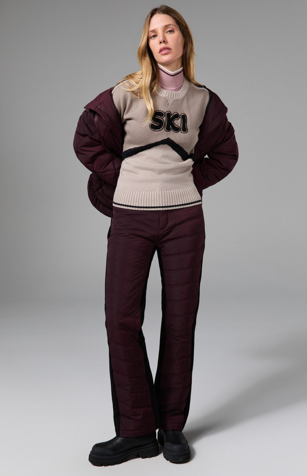 Alp N Rock Kaja Pant, dark red quilted cold weather straight leg pant for women