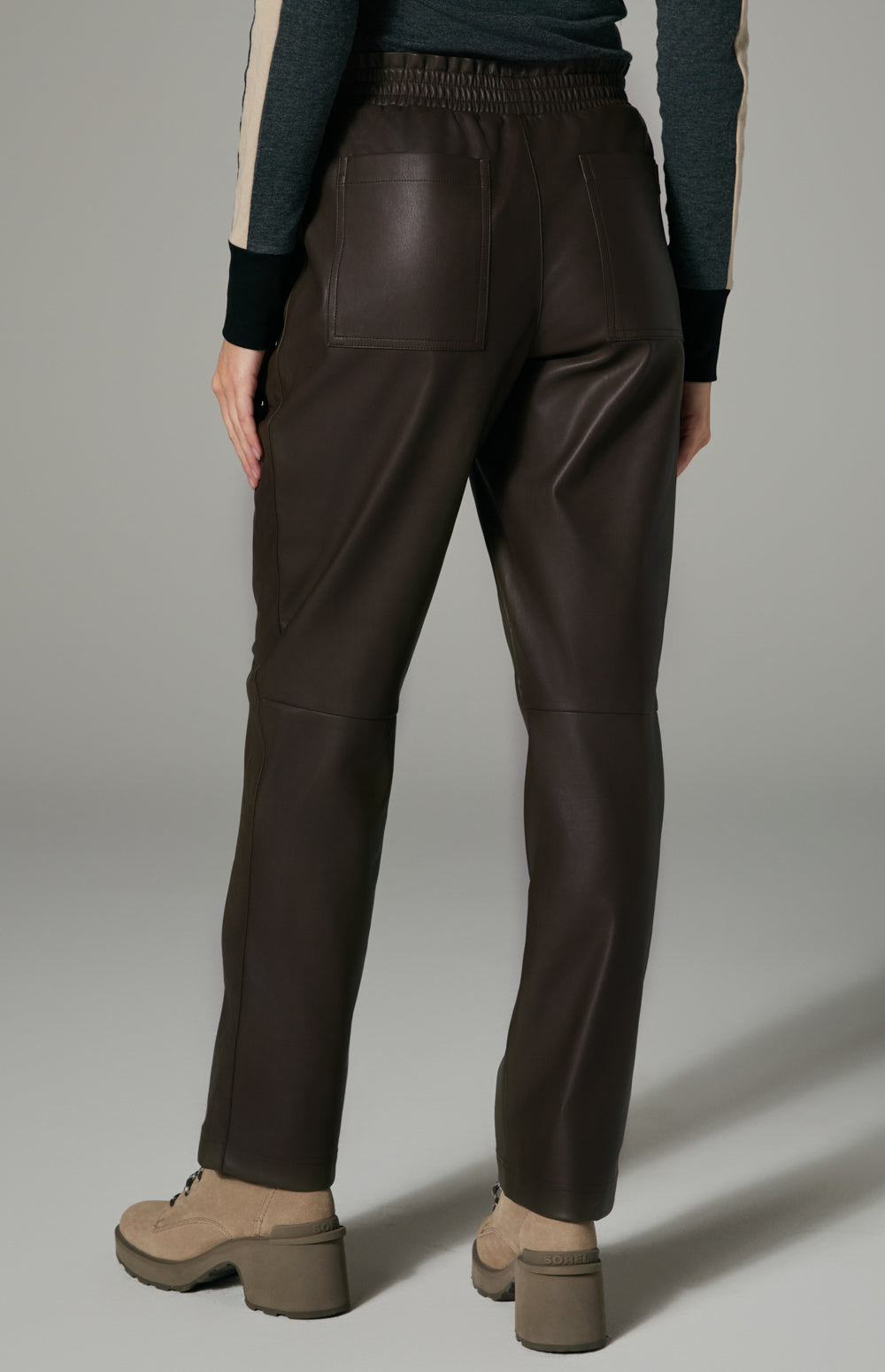 Alp N Rock London Pant, dark brown faux leather pant for women with elastic waist and pockets