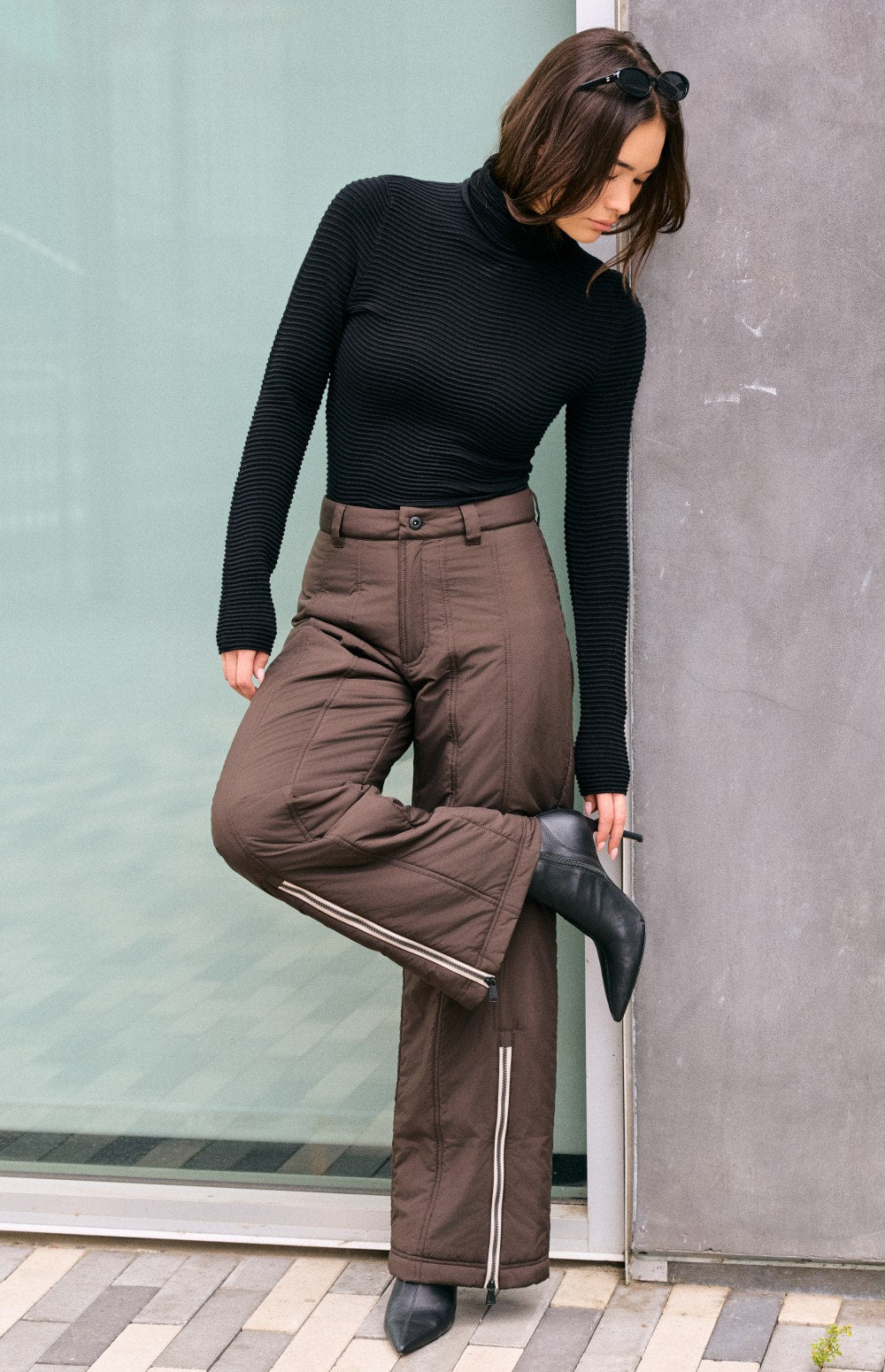 Alp N Rock Meribel Wide Leg Pant, women's dark brown wide leg insulated pant with ankle zip