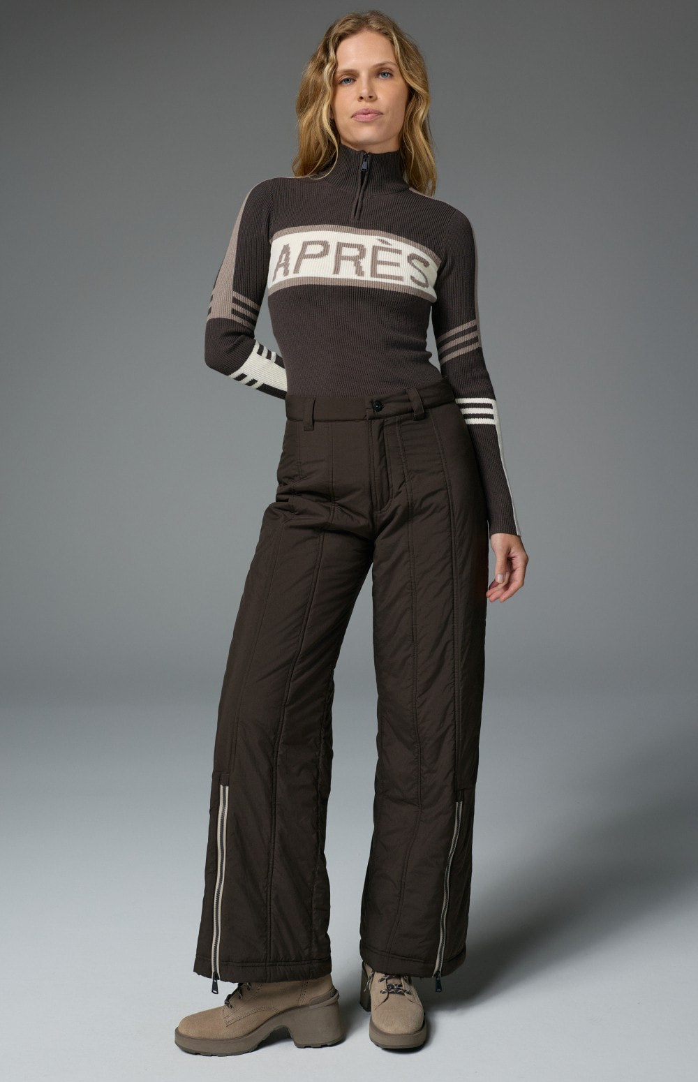 Alp N Rock Meribel Wide Leg Pant, women's dark brown wide leg insulated pant with ankle zip
