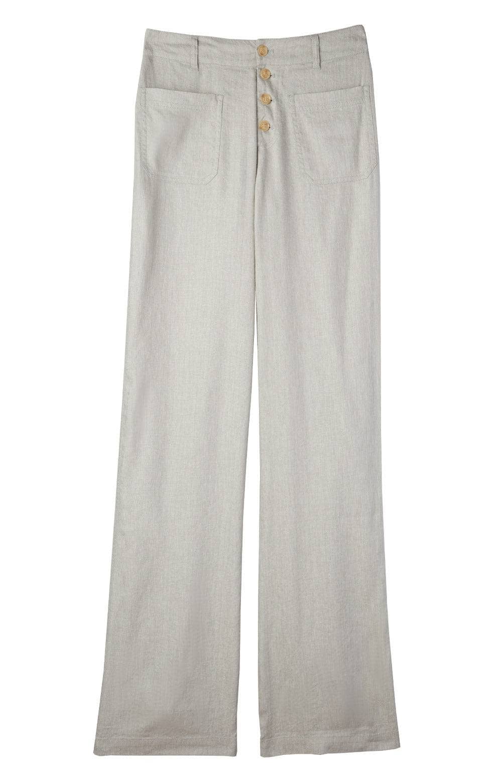 Phoebe Flare Leg Linen Pant by Alp N Rock, Women's Light Green Linen Pant with Button Fly and Patch Pockets
