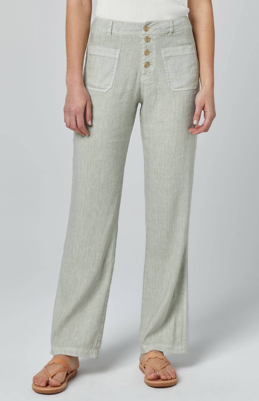 Phoebe Flare Leg Pant by Alp N Rock, Women's Beige Linen Pants with Flare Leg and Button Front