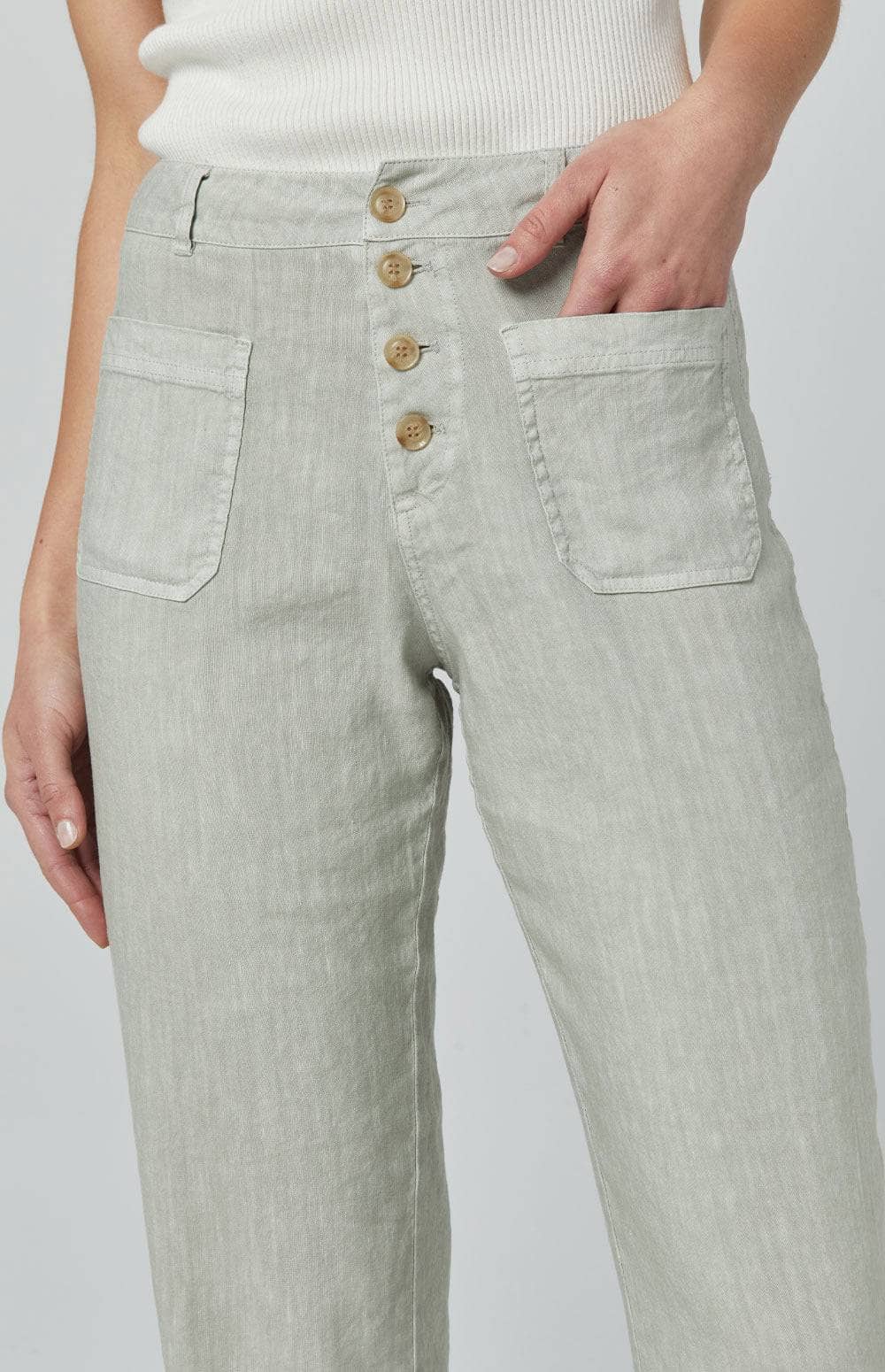 Phoebe Flare Leg Pant by Alp N Rock, Women's Beige Linen Pants with Flare Leg and Button Front