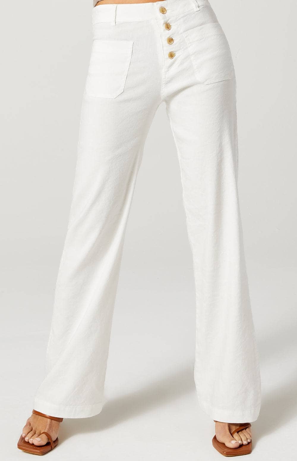 Phoebe Flare Leg Pant by Alp N Rock, Women's Ivory Linen Pants with Flare Leg and Button Front