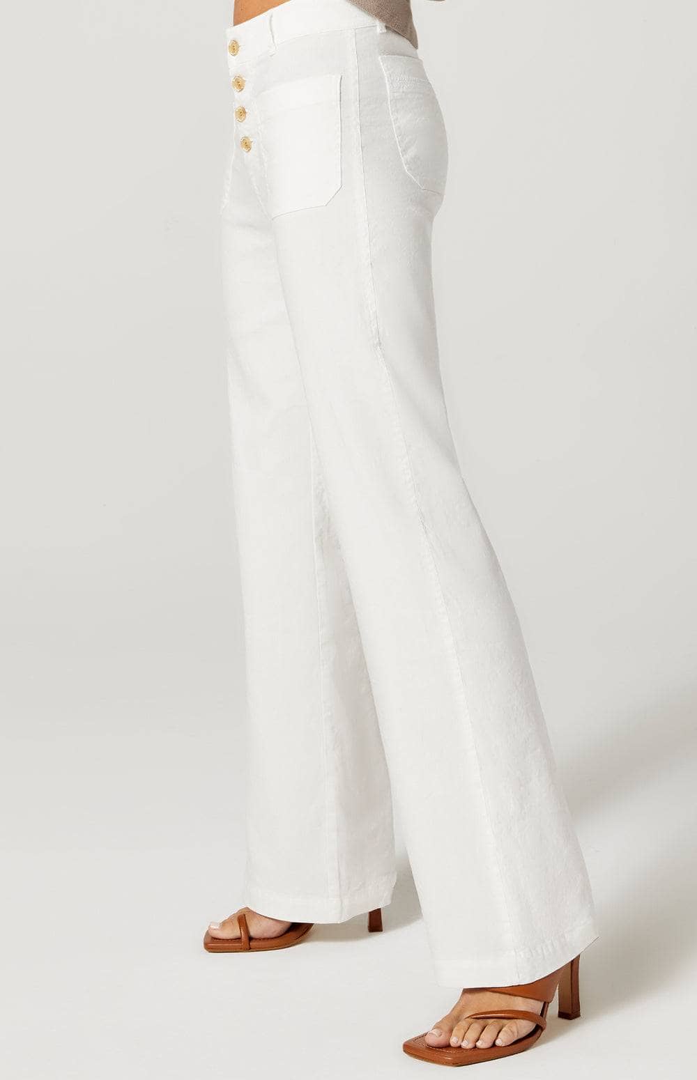 Phoebe Flare Leg Pant by Alp N Rock, Women's Ivory Linen Pants with Flare Leg and Button Front