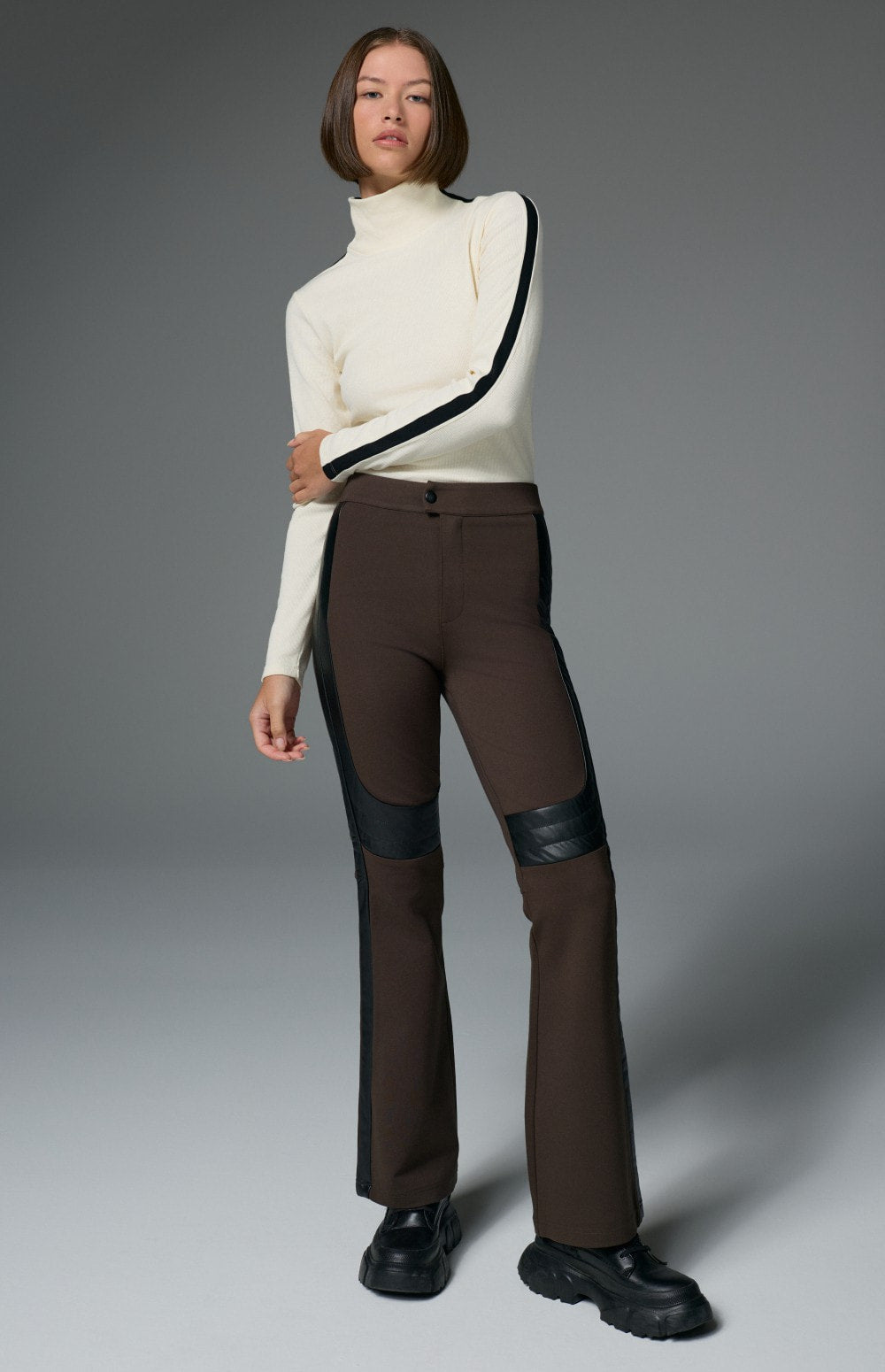 Alp N Rock Sabine Pant, double knit dark brown flare pant for women with faux leather details