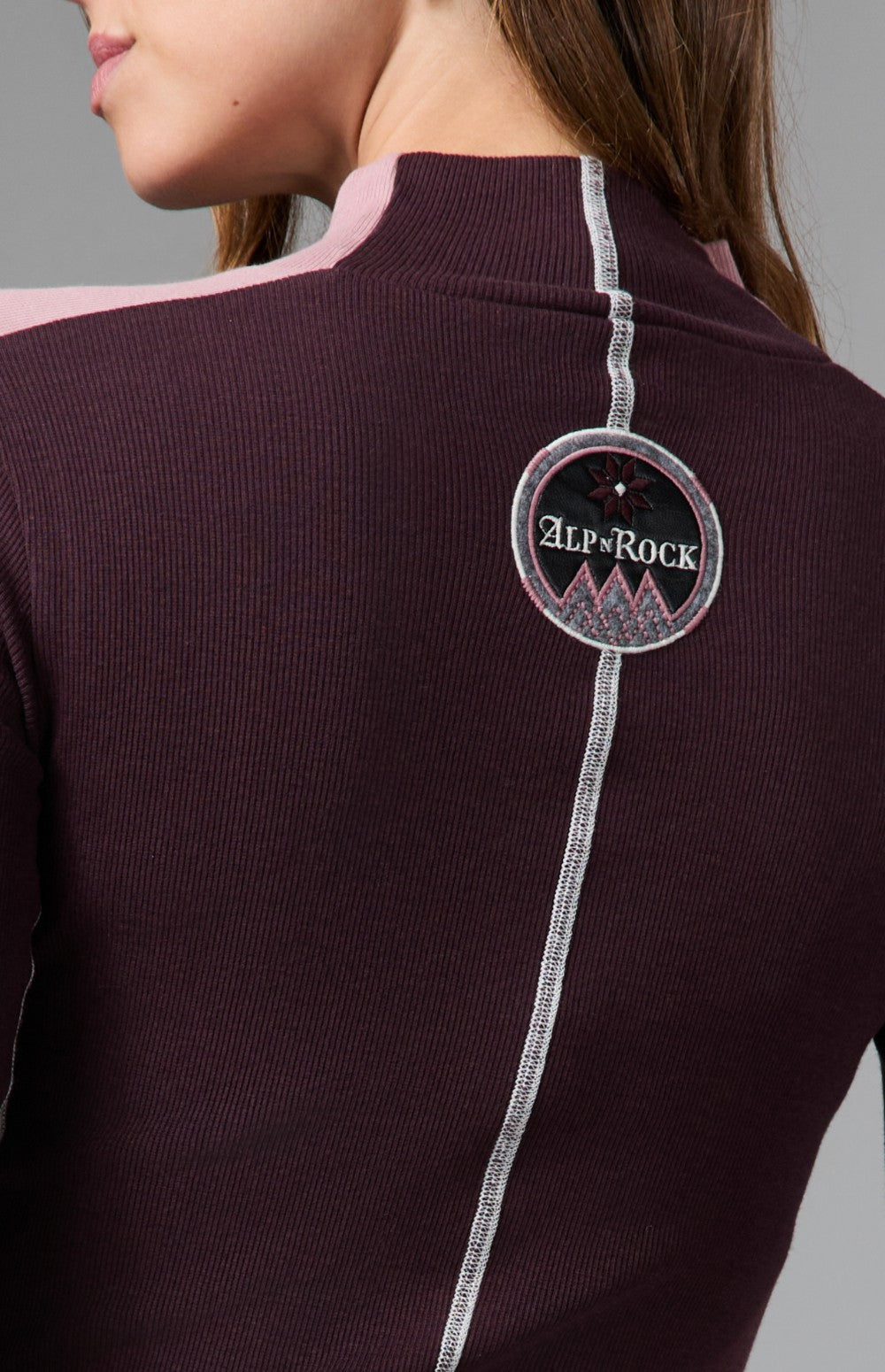 Allison Mockneck by Alp N Rock, Women's dark red Mock Neck Ski Shirt with Embroidered Snowflakes on the Chest and Sleeves