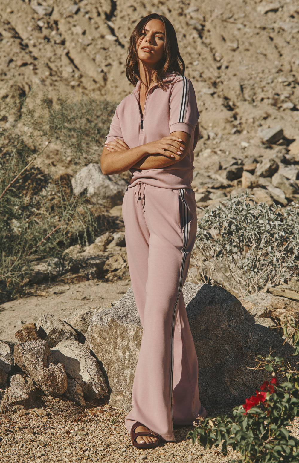 Alp N Rock Amari 1/2 Zip, rose pink short sleeve half zip top for women with stripe trim