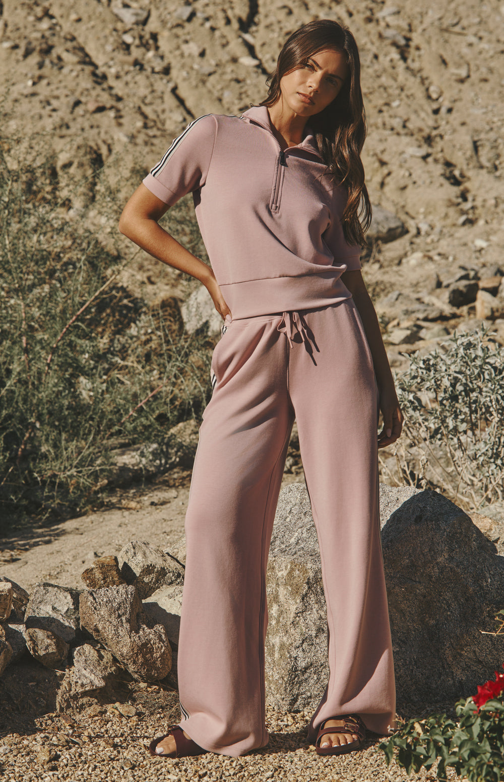 Alp N Rock Amari 1/2 Zip, rose pink short sleeve half zip top for women with stripe trim