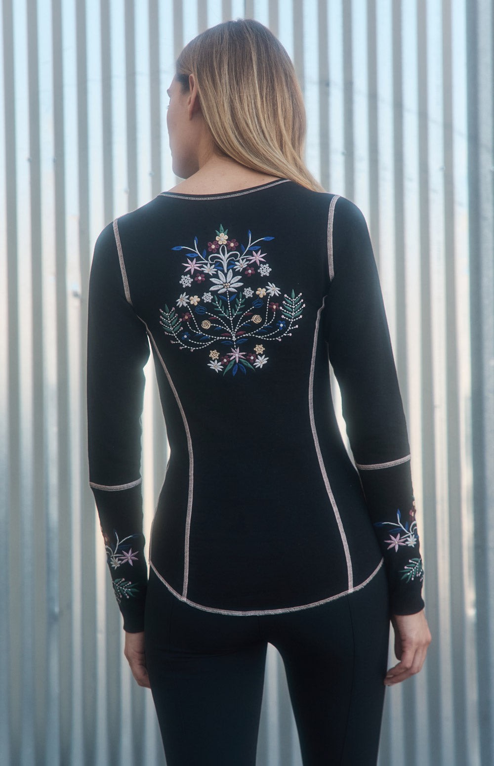 Alp N Rock Angelica Henley Shirt, black longsleeve henley shirt for women with white stitching and floral embroidery