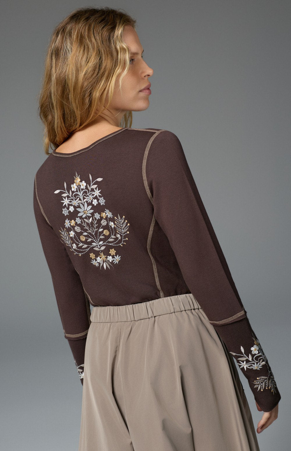 Alp N Rock Angelica Henley Shirt, women's dark brown longsleeve henley shirt with flower embroidered details