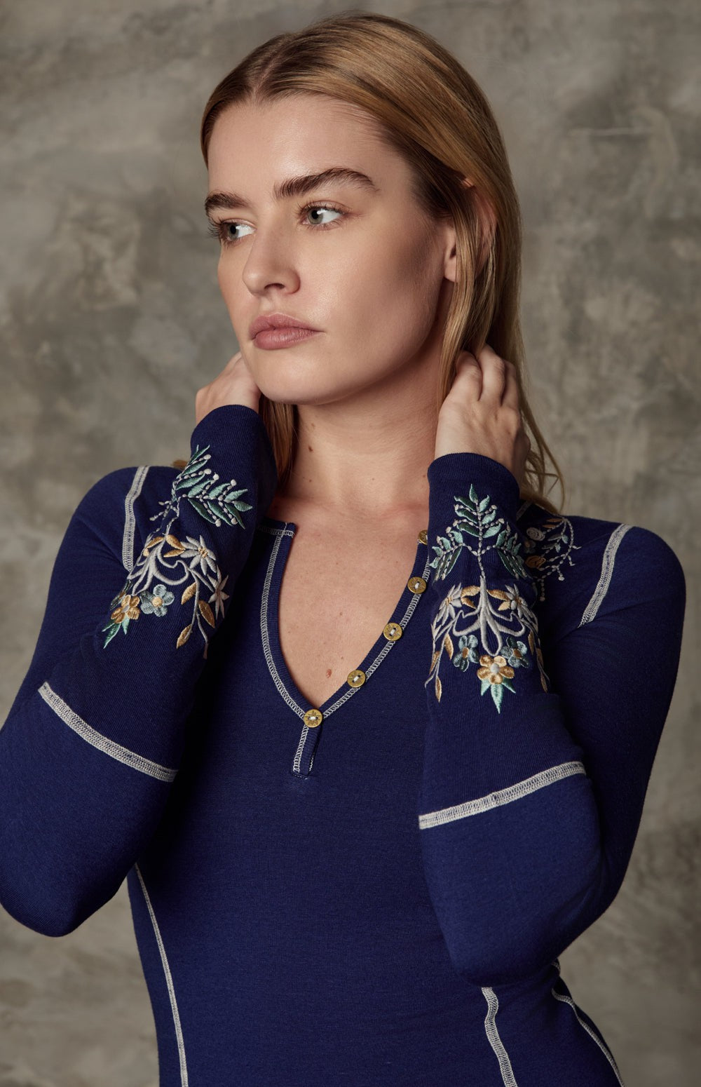Alp N Rock Angelica Shirt, blue longsleeve henley shirt for women with floral embroidery at the neckline and sleeves