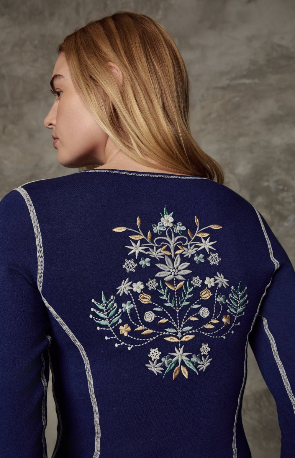 Alp N Rock Angelica Shirt, blue longsleeve henley shirt for women with floral embroidery at the neckline and sleeves