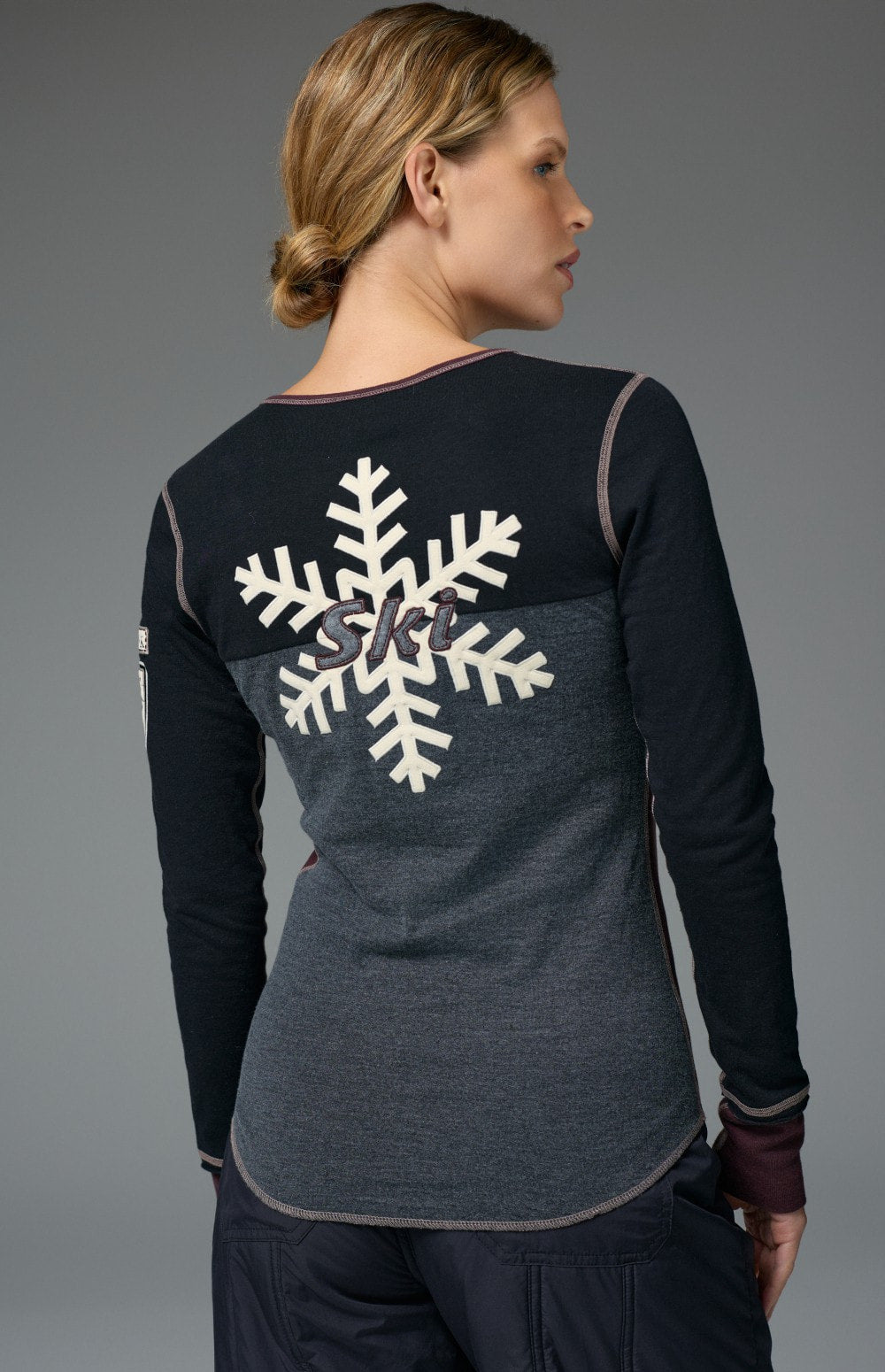 Alp N Rock Anja Henley Shirt, black and heather grey longsleeve henley shirt with snowflake detailing