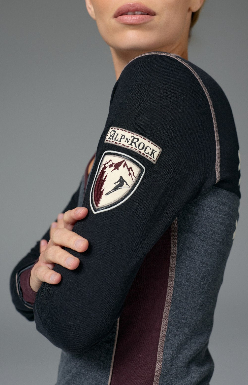 Alp N Rock Anja Henley Shirt, black and heather grey longsleeve henley shirt with snowflake detailing