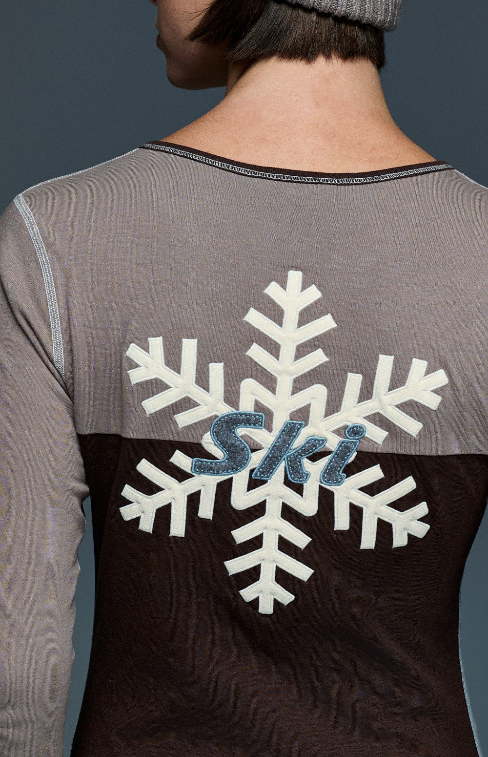 Alp N Rock Anja Henley Shirt, brown and taupe longsleeve henley shirt with snowflake detailing