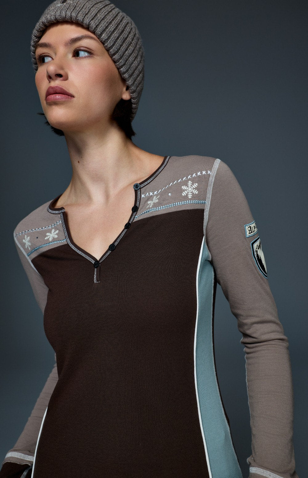 Alp N Rock Anja Henley Shirt, brown and taupe longsleeve henley shirt with snowflake detailing
