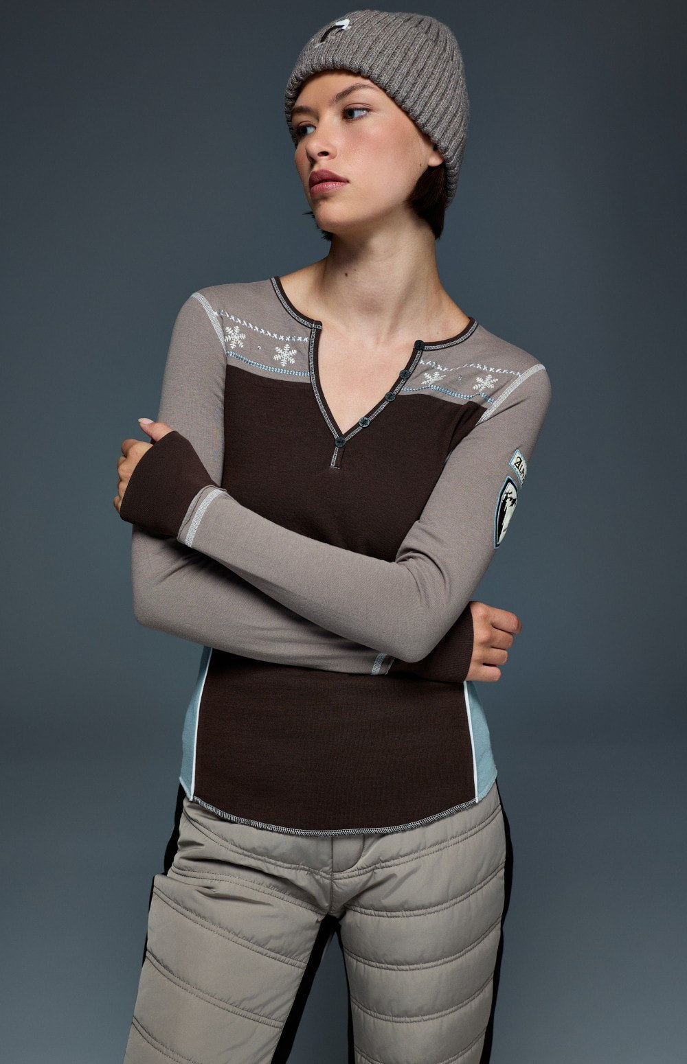 Alp N Rock Anja Henley Shirt, brown and taupe longsleeve henley shirt with snowflake detailing