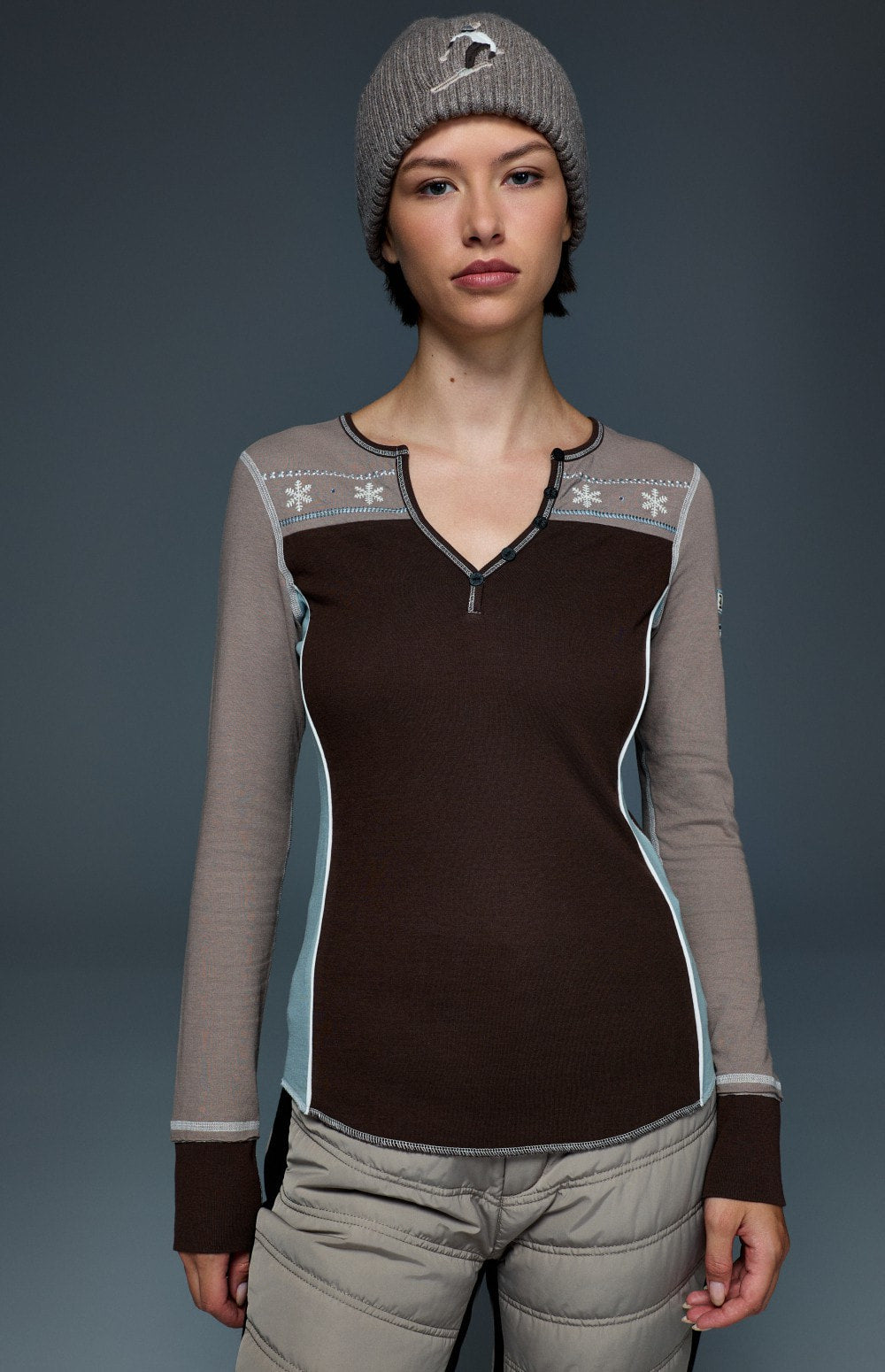 Alp N Rock Anja Henley Shirt, brown and taupe longsleeve henley shirt with snowflake detailing