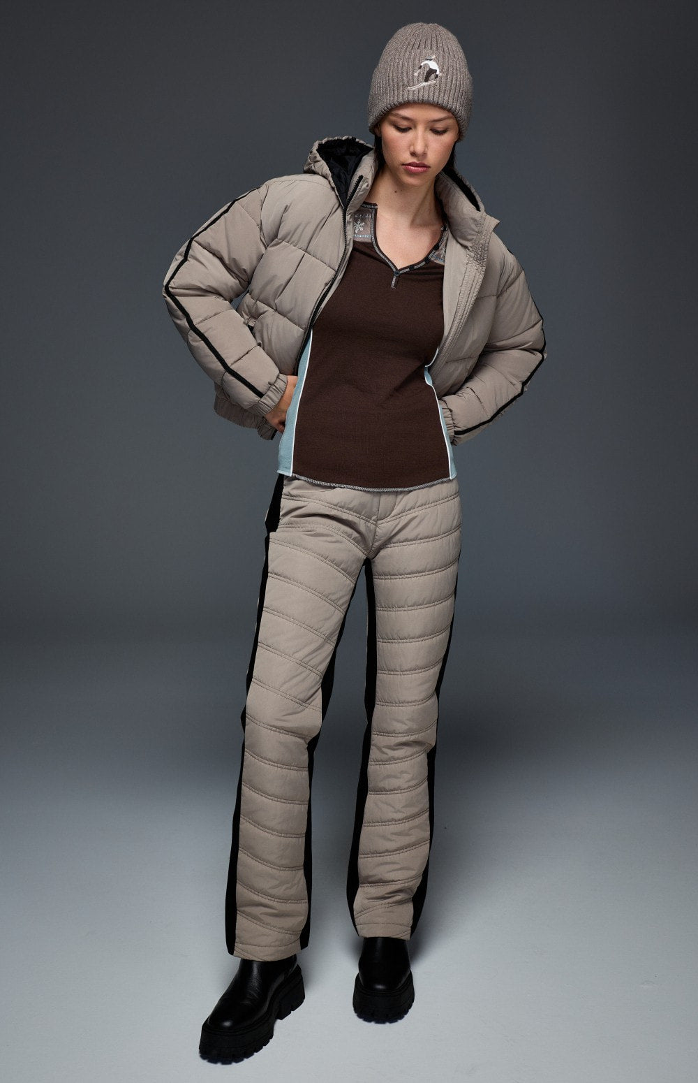 Alp N Rock Anja Henley Shirt, brown and taupe longsleeve henley shirt with snowflake detailing
